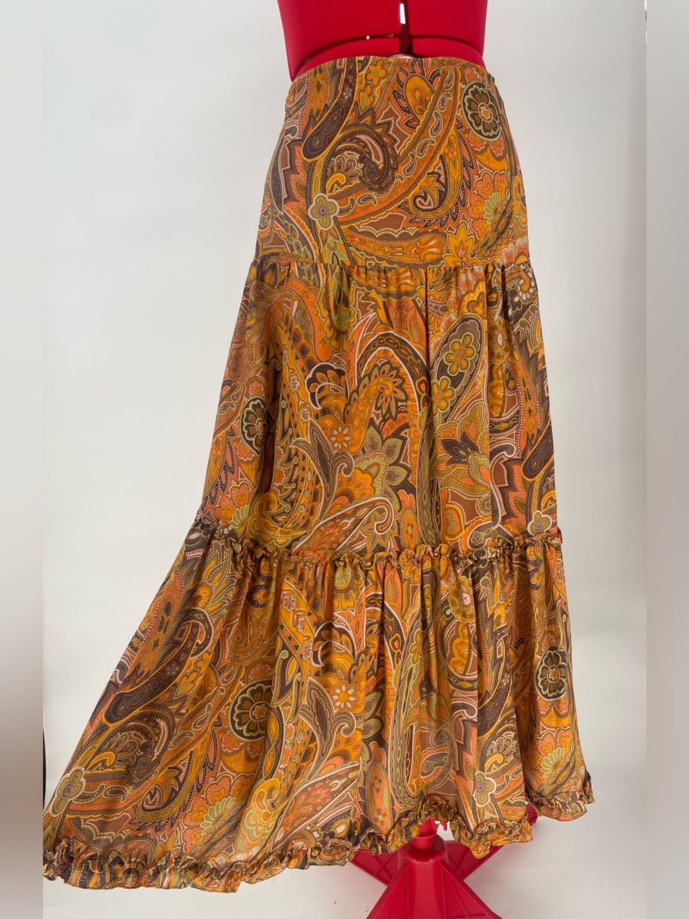 Vintage Silk Orange Brown Paisley Bohemian Tiered Maxi Skirt by Carlisle